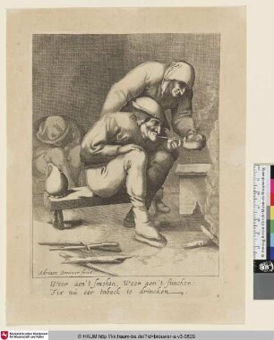 [Ein Pfeife rauchender Bauer vor dem Feuer hinter ihm eine Bäuerin mit einer Schale, im Hintergrund ein schlafender Bauer; A peasant with pipe before the fire-place, behind him his wife with a pot and a sleeping peasant]