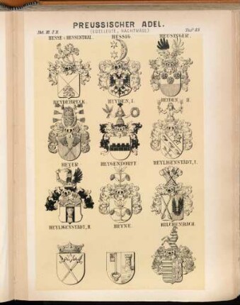 Taf. 85. Hesse v. Hessenthal. - Hessig. - Heusinger. - Heydebreck. - Heyden. I. - Heyden. II. - Heyer. - Heygendorff. - Heyligenstädt. I. - Heyligenstädt. II. - Heyne. - Hilchenbach.
