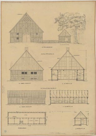 Schmedehausen bei Greven (Kreis Münster): Hof Bettmann. - Haupthaus (Nordansicht, Südansicht, Querschnitt). - Schweinehaus (Grundriss, Westansicht, Längsschnitt, Details).