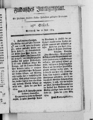 15tes Stück, Ausgabe vom 11. April 1804