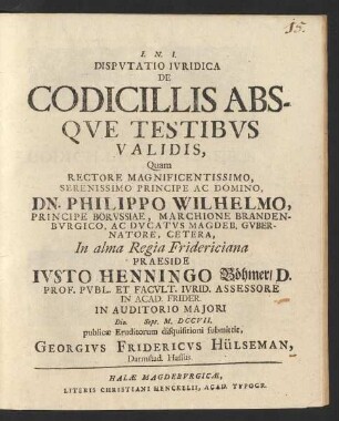 Dispvtatio Ivridica De Codicillis Absqve Testibvs Validis