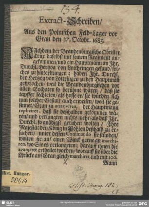 Extract-Schreiben, aus den Polnischen Feld-Lager vor Gran den 27. Octobr. 1683
