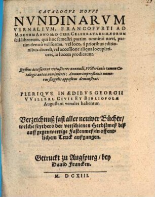 Catalogus novus nundinarum vernalium, Francofurti ad Moenam, Anno M.DCXIII. celebratarum ...