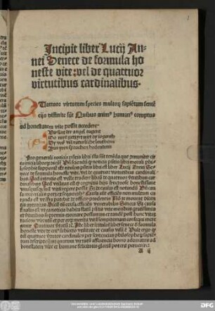 Incipit liber Lucii Annei Senece de formula honeste vite vel de quattuor virtutibus cardinalibus