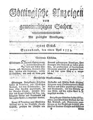 15tes Stück. Sonnabend, den 10ten Aprl 1773.