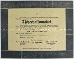 Propagandaflugblatt im Layout einer ironischen Todesanzeige zur Zerschlagung der Tschechoslowakei durch die Annexion des Sudetenlandes