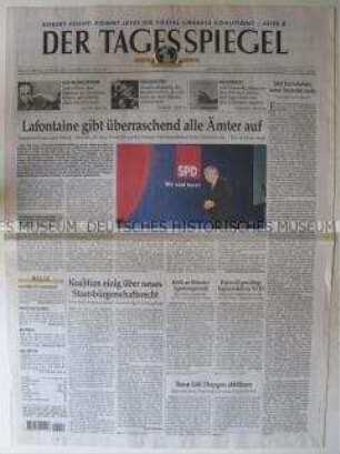 "Der Tagesspiegel", Berliner Tageszeitung mit Leitartikel über den Rücktritt von Oskar Lafontaine