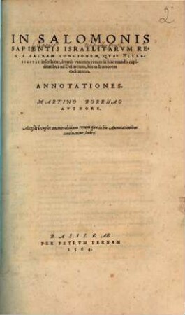 In Salomonis sacram Concionem, quae Ecclesiastes inscribitur Anotationes