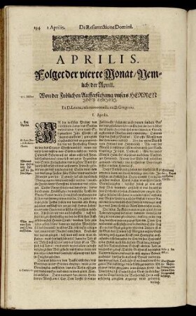 Aprilis. Folget der vierte Monat/ Nemlich/ der Aprill. Von der Frölichen Aufferstehung unsers Herren Jesu Christi.