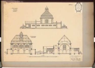 Erziehungsheim Schinkelwettbewerb 1909: Schwimmhalle. Seitenansicht, Schnitte 1:150