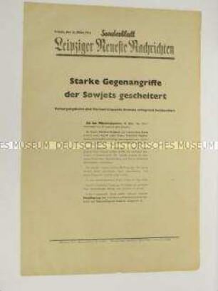 Sonderblatt der "Leipziger Neuesten Nachrichten" mit Kurzmeldungen von verschiedenen Kriegsschauplätzen u.a. über die deutsche Bombardierung des britischen Versorgungshafen und Marinestützpunkt Grimsby
