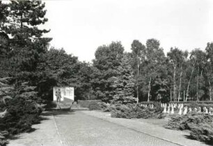 Dresden-Neustadt, Marienallee. Sowjetischer Garnisonfriedhof. Blick zum Denkmal mit Inschrifttafel (um 1957)