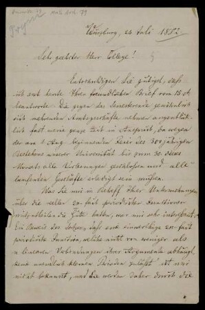 Brief von Friedrich Prym an Adolf Hurwitz, Würzburg, 24.7.1882