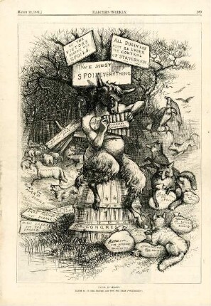Pan-ic in session. Death to us (the people) and fun for them ("statesmen") : Pan sitzt auf der Kuppel des Kapitols und spielt Flöte. Hinter ihm verjagen Raubtiere eine Schafherde, die das Kapital und die Arbeit darstellt