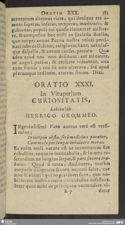 Oratio XXXI. In Vituperium Curiositatis, habita ab Henrico Grommeo