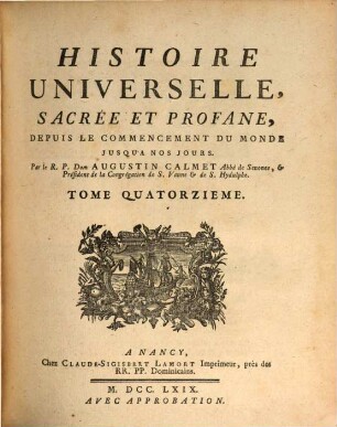 Histoire Universelle, Sacrée Et Profane : Depuis Le Commencement Du Monde Jusqu'A Nos Jours. 14