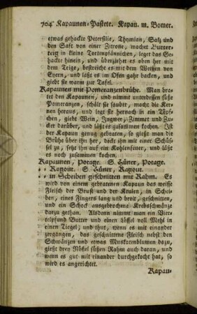 Kapaunen, Potage. - Katzendreck, ein Gebackenes.