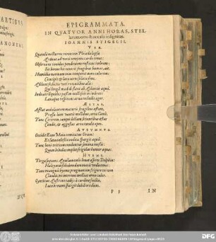 In Quatuor Anni Horas, Stellarum ortu & occasu insignitas. Ioannis Stigelii.