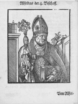 Scharffenberg, Georg: Alfridus der 4.Bischoff, Holzschnitt; 180 x 149 mm (Blattgr.). Aus: Gödeke, Nicolaus: Warhafftige Beschreibunge von dem ersten Bischoff zu Hildesheimb bis auff den jtzigen regierenden Bischoff. Wolfenbüttel, 1604. Dresden: SLUB Hist.Sax.inf.290,32