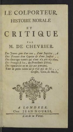 Le Colporteur : Histoire Morale Et Critique