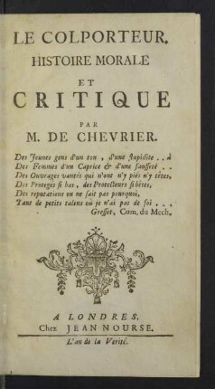 Le Colporteur : Histoire Morale Et Critique