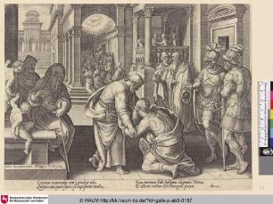 [Cornelius falls to his knees before St. Peter and worships him; Cornelius kniet vor Petrus und ehrt ihn]