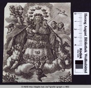 Maria mit dem Christuskind, geschmückt mit Rosen und umgeben von Kronen und Putti.