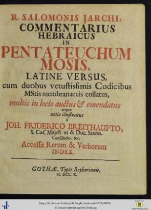 R. Salomonis Jarchi, Commentarius Hebraicus In Pentateuchum Mosis