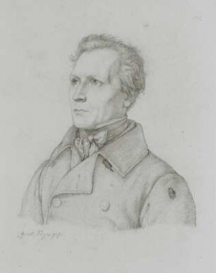 Bildnis Julius Schnorr von Carolsfeld : Halbprofilporträt Julius Schnorr von Carolsfeld. Bleistiftzeichnung; 21,9 x 17,5 cm (Blattgröße) München [vermutlich], 1830 [ca.]. Dresden: SLUB Mscr.Dresd.n,Inv.3,I,Blatt 17 (in Mappe 1, Tafel 1)