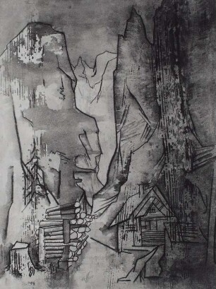 Konstruktive Berglandschaft mit Haus und Holzstapel vor Schlucht