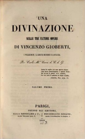 Una divianzione sulle tre ultime opere di Vincenzo Gioberti : i prolegomeni, Il gesuita moderno e l' apologia, 1