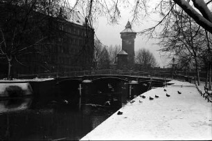 Berlin: Admiral vom Köster Ufer mit Klappbrücke über Landwehrkanal; Vordergrund Möwen