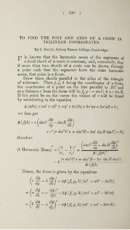 To find the foci and axes a conic in trilinear coordinates.