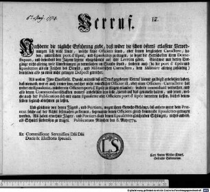Verruf. : Publicatum München den 6. May 1774. Ex Commissione Serenissimi Dni Dni Ducis & Electoris speciali. Carl Anton Müller Churfl. Hofraths Sekretarius.