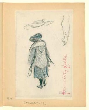 Frau mit Hut im blauen Kostüm