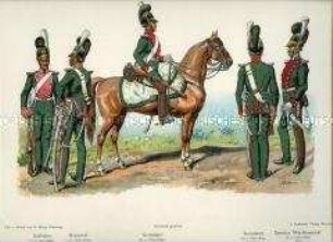 Uniformdarstellung, Gefreiter, Korporal, Gemeine und Zweiter Wachtmeister verschiedener Chevauleger-Regimenter, Königreich Bayern, 1828/1849. Tafel XIV aus: Müller/Braun: Königl. Bayerische Armee.