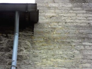 Nordturm im Nordnordosten am Dachansatz Langhaus-romanisches Flachrelief (Vogel wohl) im Werkstein an der Dachkante