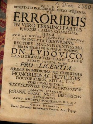 Dissertatio Inauguralis Medico-Forensis De Erroribus In Vero Termino Partus Ejusque Causis Commissis