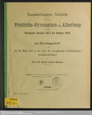 71.1877/78: Nachricht von dem Herzoglichen Friedrichs-Gymnasium zu Altenburg : über das Schuljahr Ostern ... bis Ostern ...