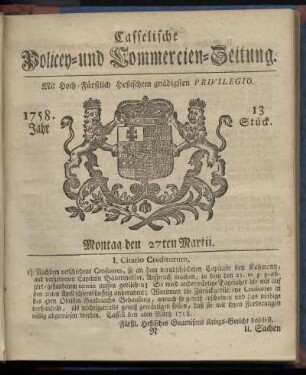 13. Stueck, Montag den 27ten Martii 1758