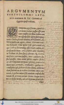 Argumentum Bartholomaei Latomi in orationem Marci Tullii Ciceronis ad Quirites post reditum