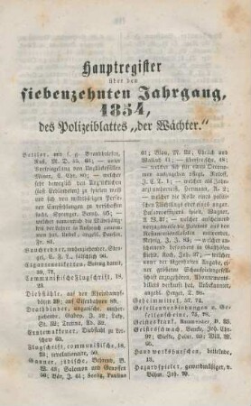 Hauptregister über den siebenzehnten Jahrgang, 1854, des Polizeiblattes "der Wächter"