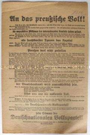 Flugblatt der Deutschnationalen Volkspartei zur Wahl der Preußischen Nationalversammlung 16. Januar 1919