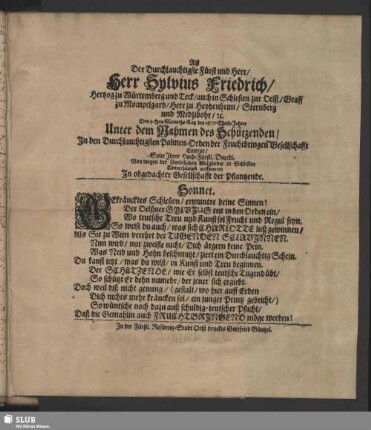 Bl. 17: [Eintrittsurkunde des Palmenordens für Sylvius Friedrich Herzog zu Würtemberg und Teck; dat. Hall, 9. August 1677.]