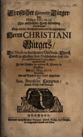 Christlicher Himmels-Burger (Leichpredig auf) Chr. Burger Med. Doct.