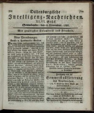 XLVI. Stück. Sonnabends: den 18. November, 1786.