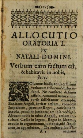 Allocutiones oratoriae, habitae in solennitatibus Christi, b. virginis et sanctorum aliisque academicorum ac Marianorum sodalium congressibus publicis
