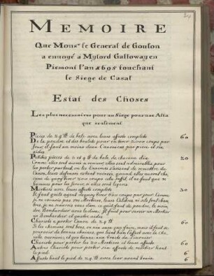 Mémoire que Monsr le Général de Goulon à enuoyé à Mylord Galloway en Piemont l'an 1695 touchant le Siège de Casal