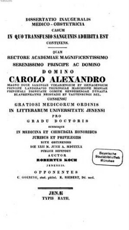 Dissertatio inauguralis medico-obstetricia casum in quo transfusio sanguinis adhibita est continens