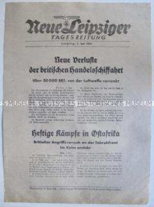 Extrablatt der "Neuen Leipziger Tageszeitung" zum Krieg gegen die britische Handelsschifffahrt und den Kämpfen in Äthiopien